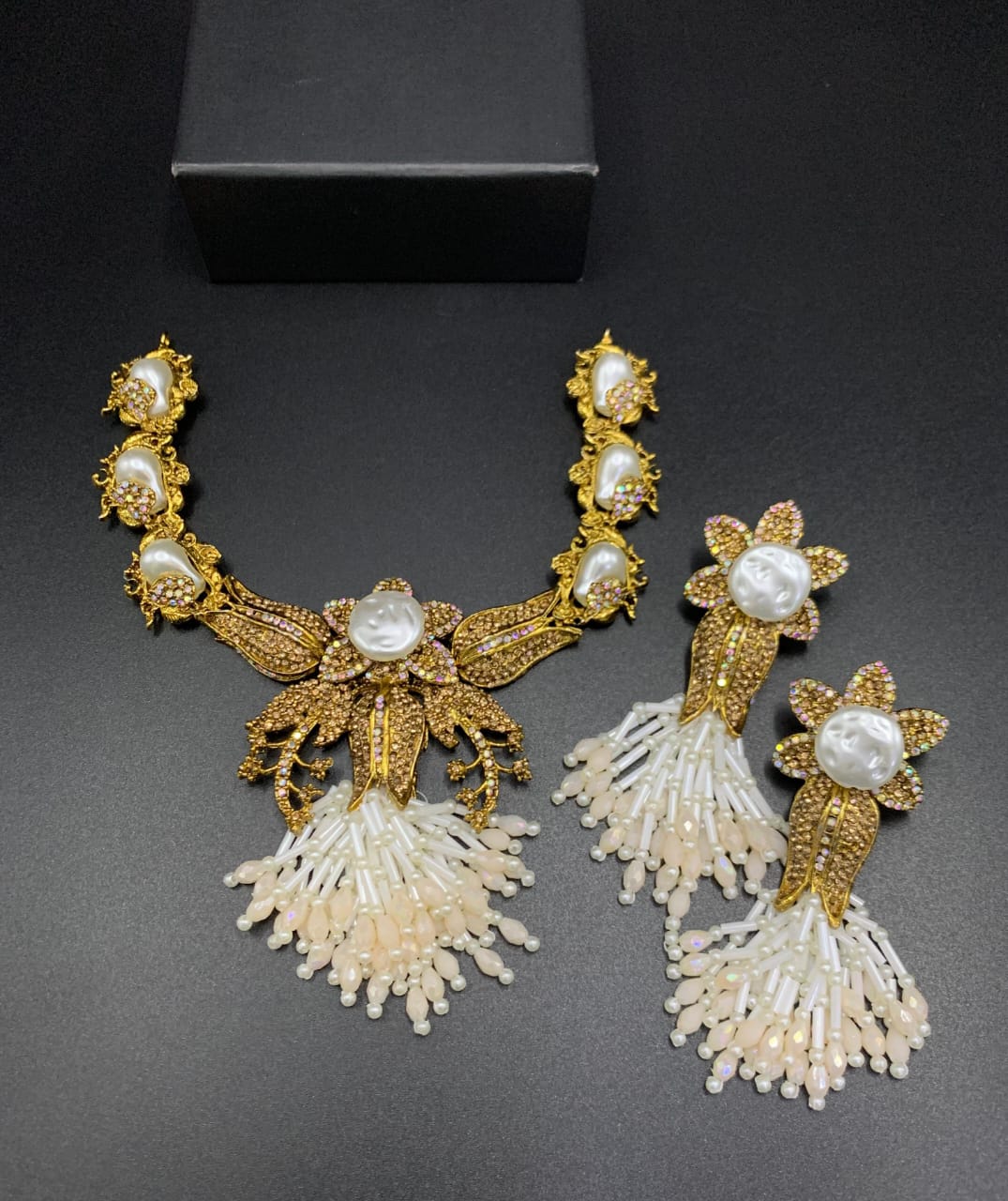 Luxury Turkish Pearl Statement Necklace Set with Earrings | Gold Plated Floral Bridal Jewelry
