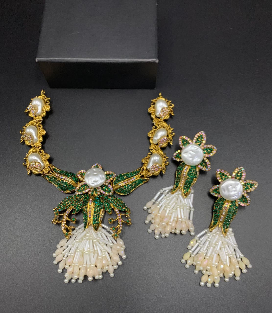 Luxury Turkish Pearl Statement Necklace Set with Earrings | Gold Plated Floral Bridal Jewelry