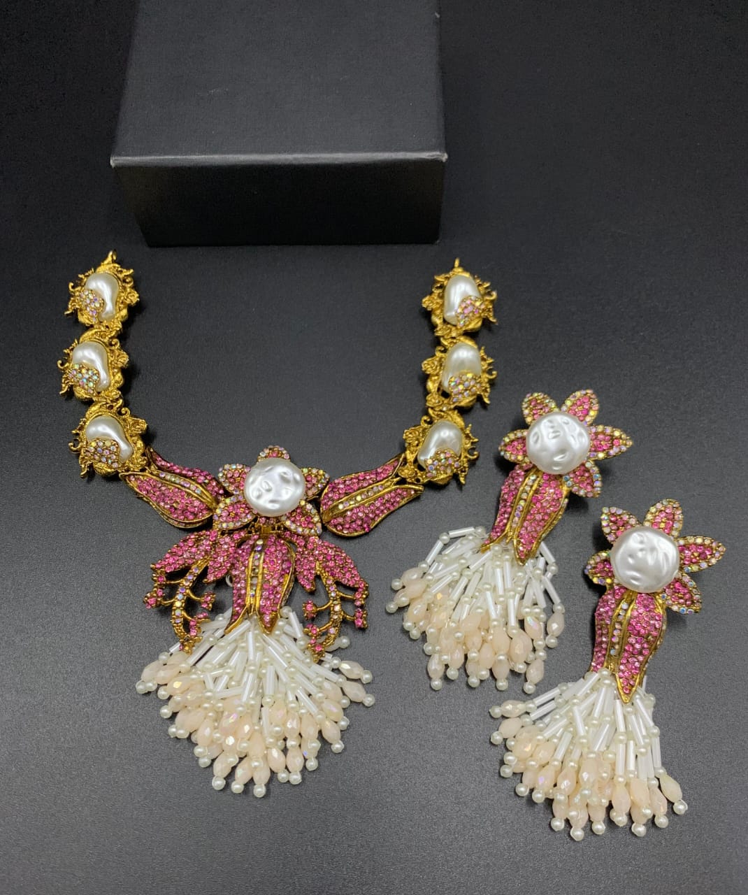 Luxury Turkish Pearl Statement Necklace Set with Earrings | Gold Plated Floral Bridal Jewelry