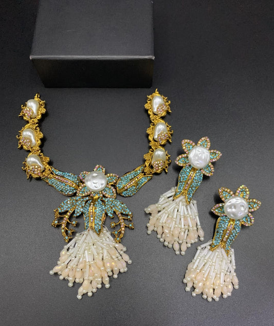 Luxury Turkish Pearl Statement Necklace Set with Earrings | Gold Plated Floral Bridal Jewelry