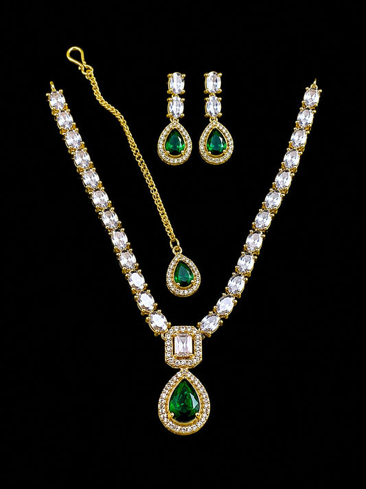 C Green Teardrop Jewelry Set  | Silver-Plated & Gold-Plated Necklace & Earrings |
