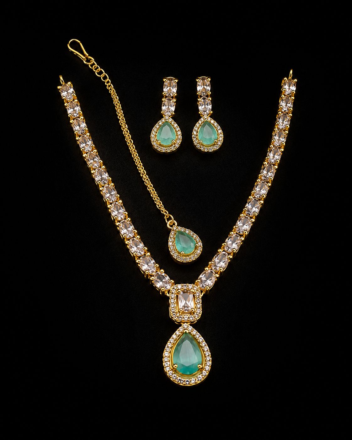 C Green Teardrop Jewelry Set  | Silver-Plated & Gold-Plated Necklace & Earrings |