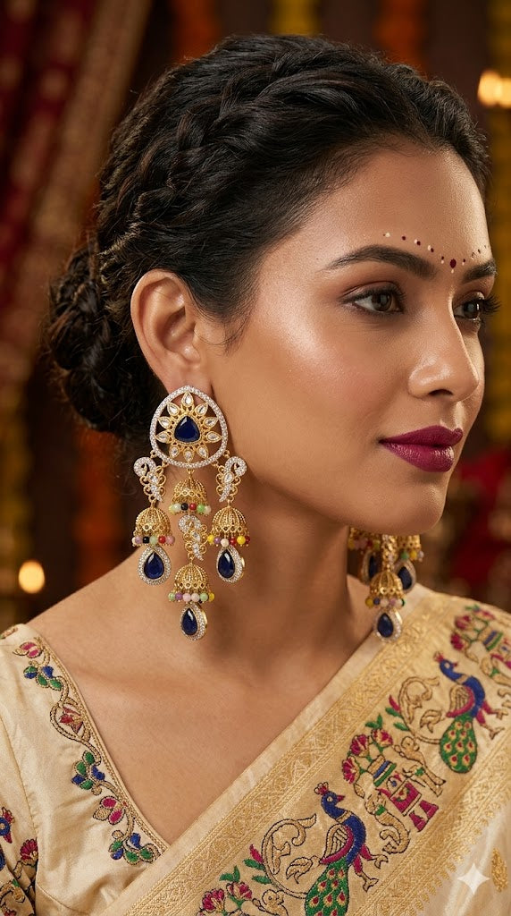 Emerald Green Kundan Jhumka Earrings with Gold Finish and Drop Crystals - Bridal & Festive Jewelry