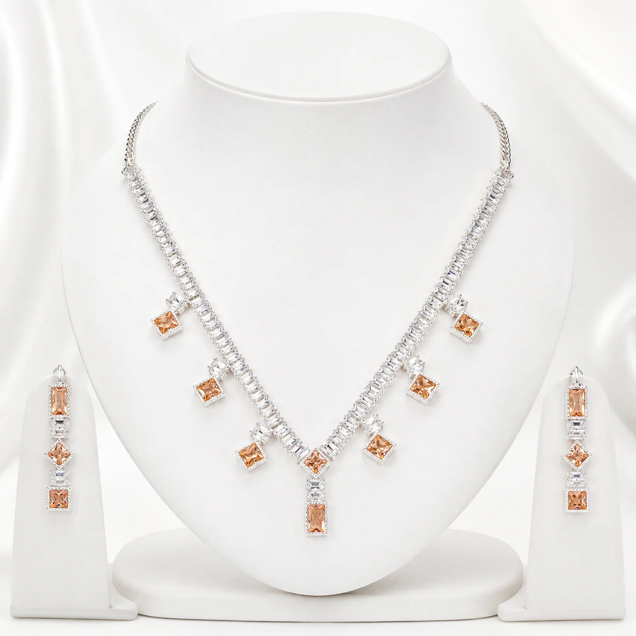 Blush Baguette Zircon Necklace Set with Maang Tikka | Color Customisable | 5 Colors |
