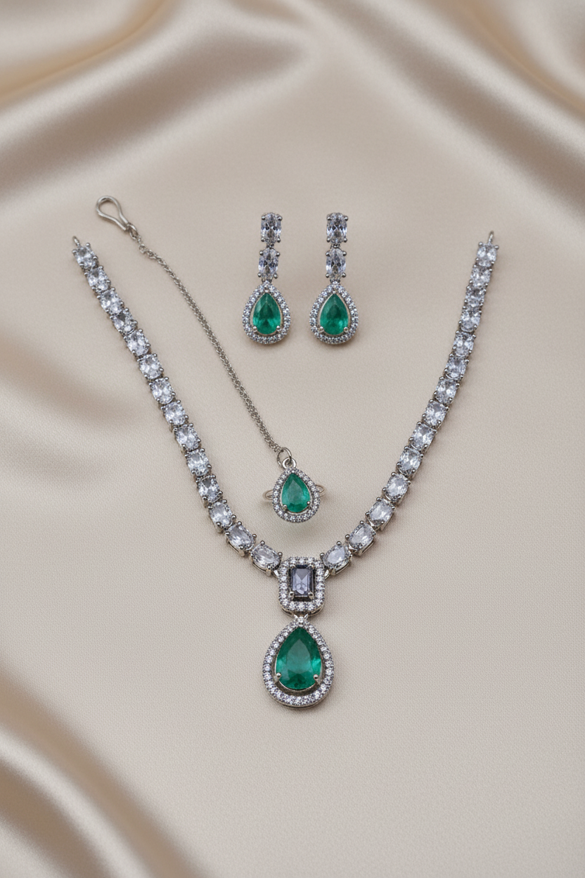 C Green Teardrop Jewelry Set  | Silver-Plated & Gold-Plated Necklace & Earrings |