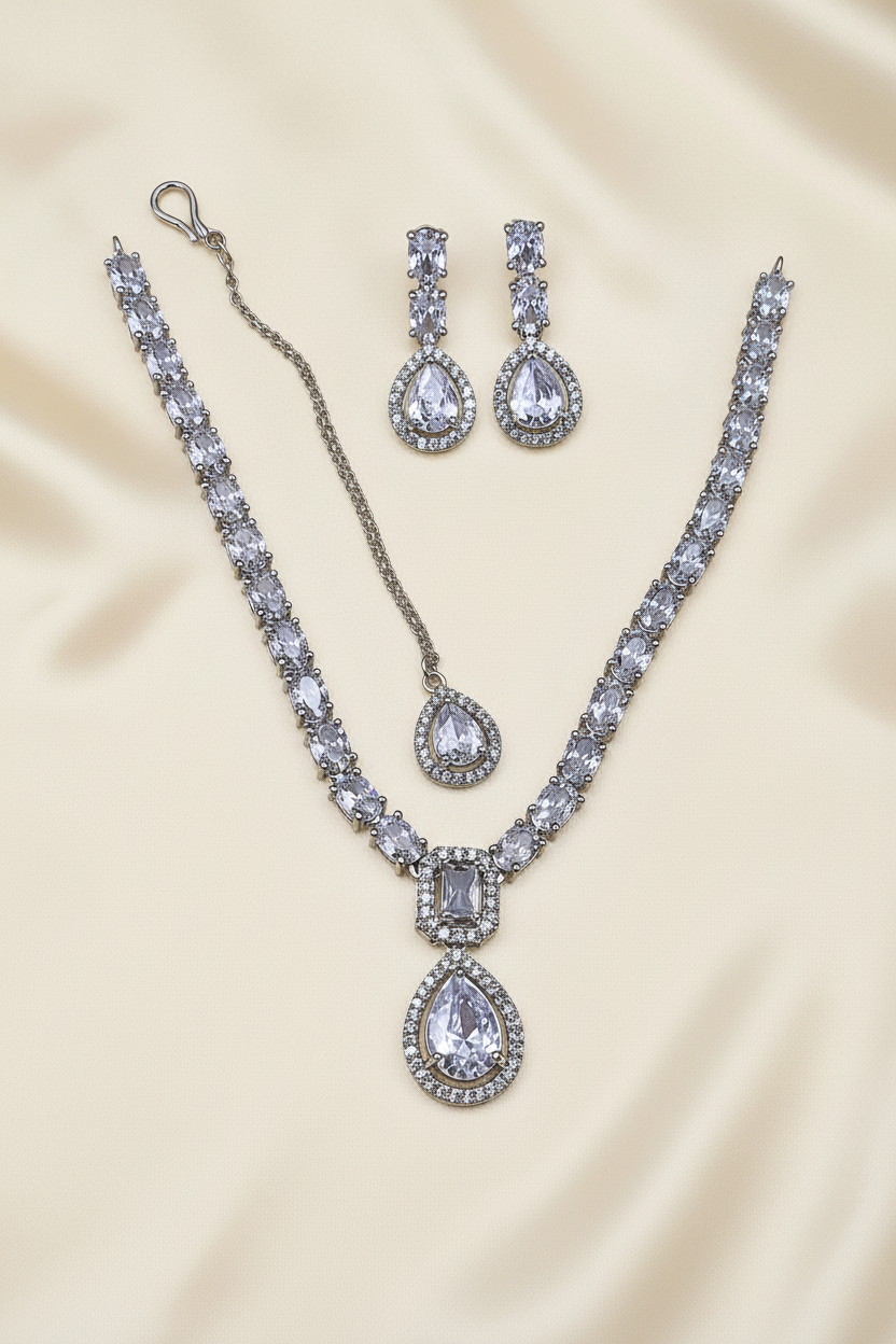 C Green Teardrop Jewelry Set  | Silver-Plated & Gold-Plated Necklace & Earrings |