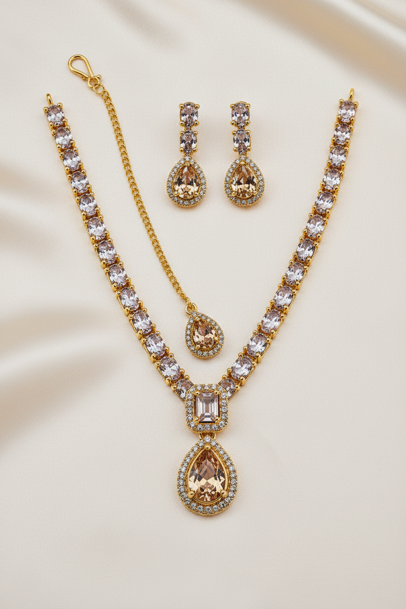 C Green Teardrop Jewelry Set  | Silver-Plated & Gold-Plated Necklace & Earrings |