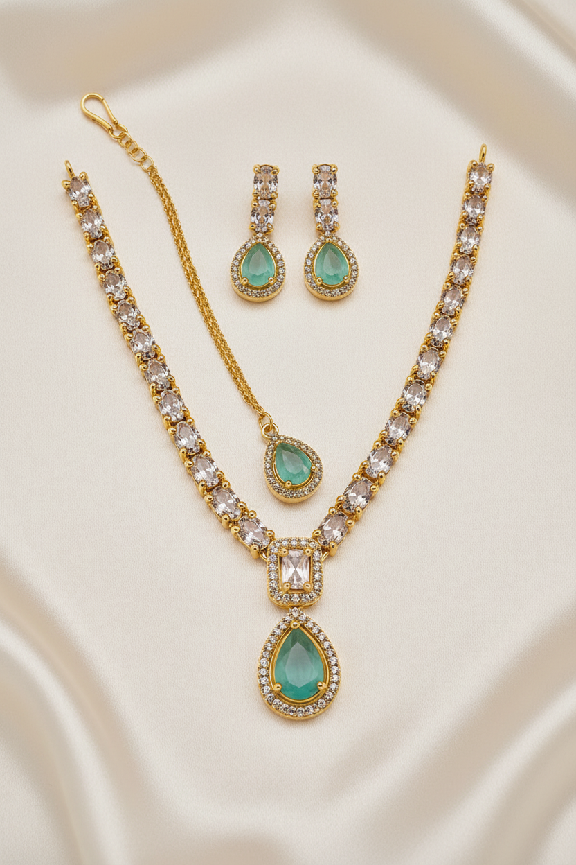 C Green Teardrop Jewelry Set  | Silver-Plated & Gold-Plated Necklace & Earrings |