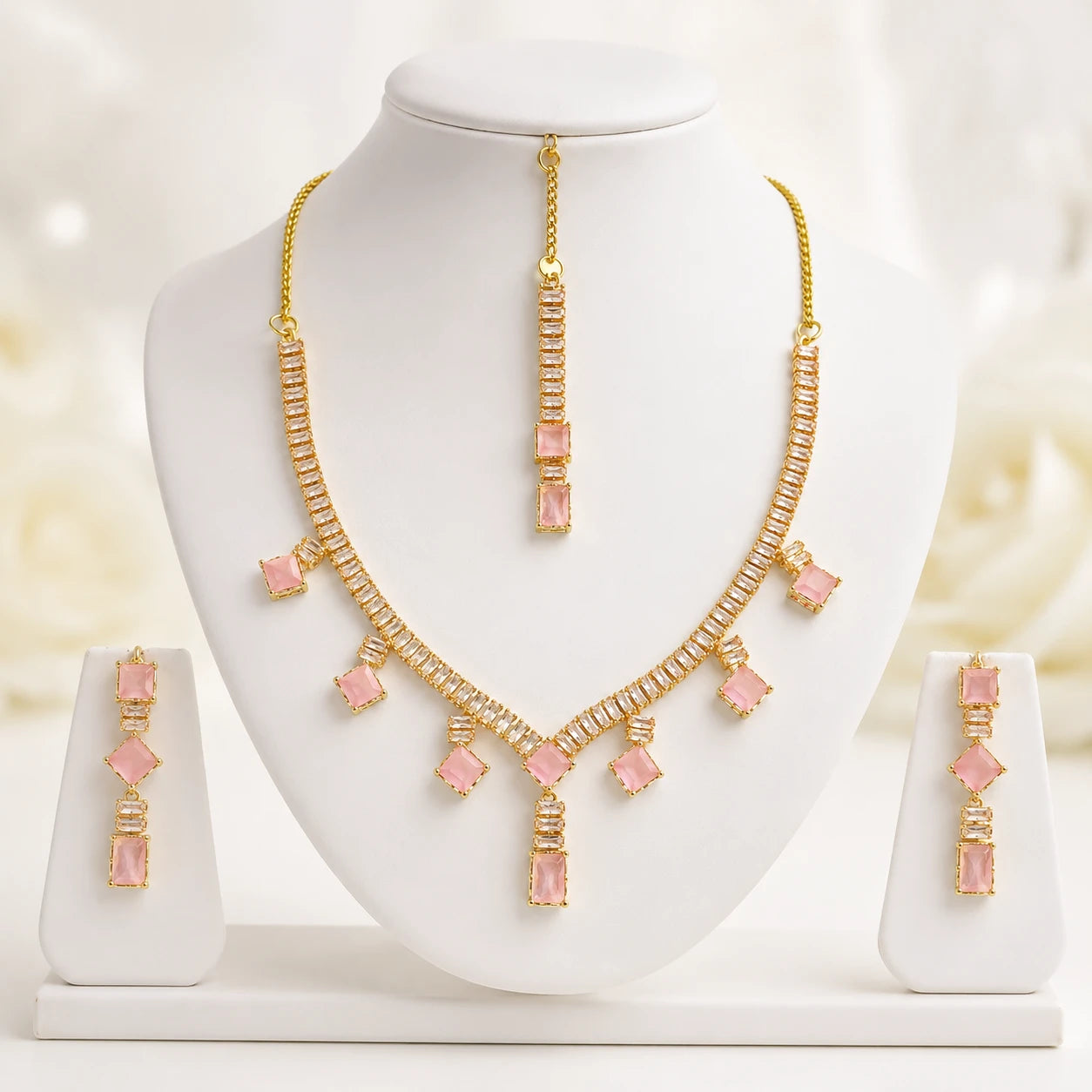 Blush Baguette Zircon Necklace Set with Maang Tikka | Color Customisable | 5 Colors |