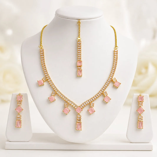 Blush Baguette Zircon Necklace Set with Maang Tikka | Color Customisable | 5 Colors |