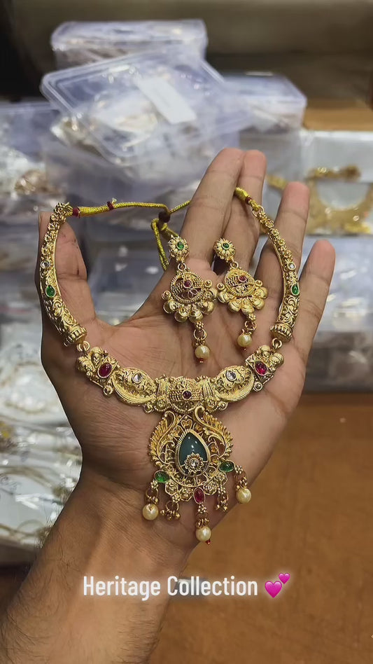 Designer Indian Traditional Bridal Gold Choker Set | Kashmiri Temple Jewelry Necklace with Pearls